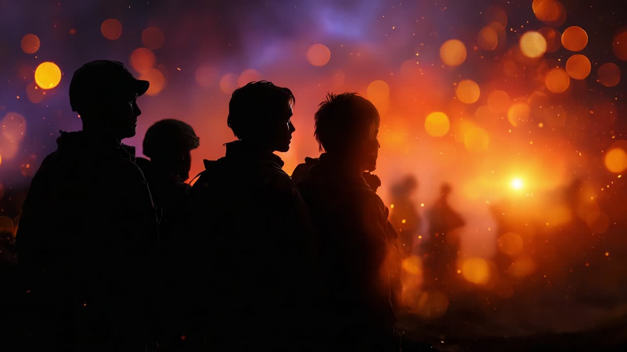 In a breathtaking display of resilience and unity, silhouettes of individuals stand together against a vibrant backdrop of flames and lights, symbolizing strength amidst chaos and uncertainty in the night