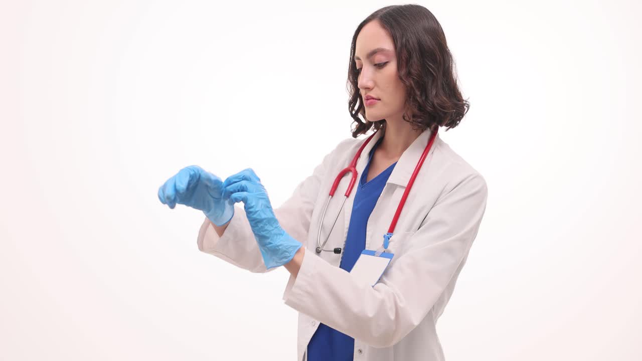 Una dottoressa indossa guanti medici blu