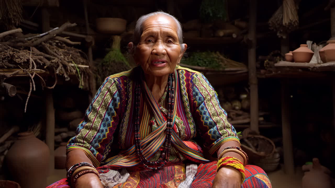 Portrait of an Elderly Indigenous Woman in Traditional Attire