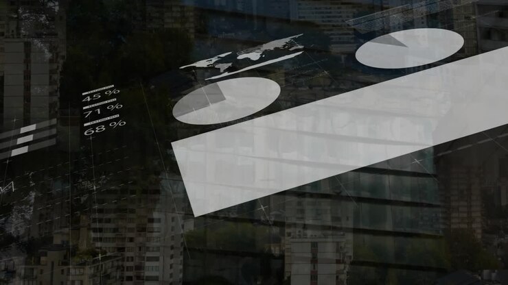 Animation of financial data processing over city office buildings