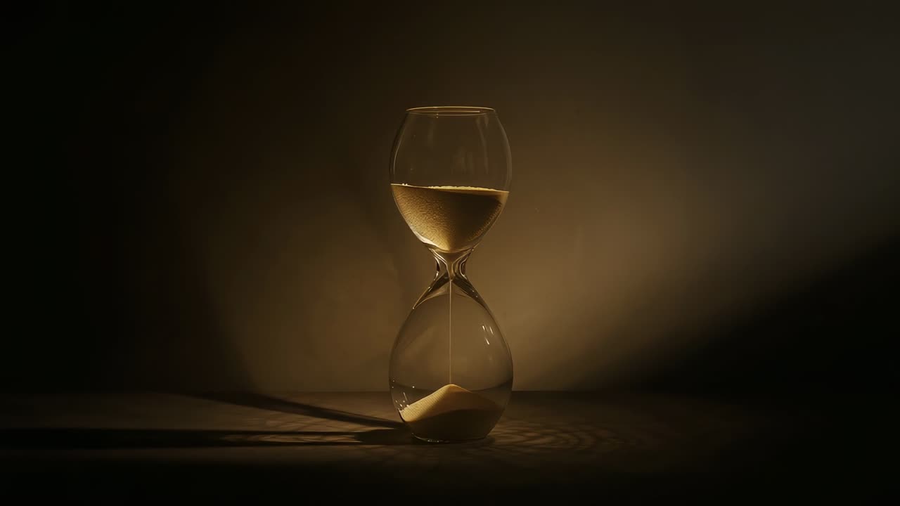 Trickling glass hourglass pouring sand on flat table under warm spotlight, marking passage of time