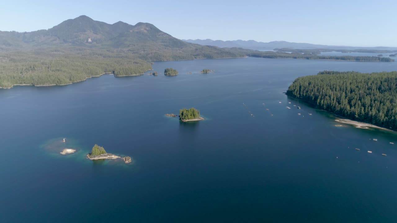 Small island and oyster farming by the coast of Vancouver Island (British Columbia - Canada). Drone footage.