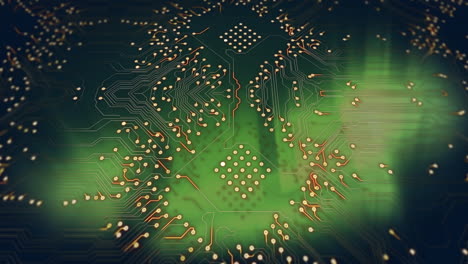 animación de un circuito integrado sobre un fondo verde con luces