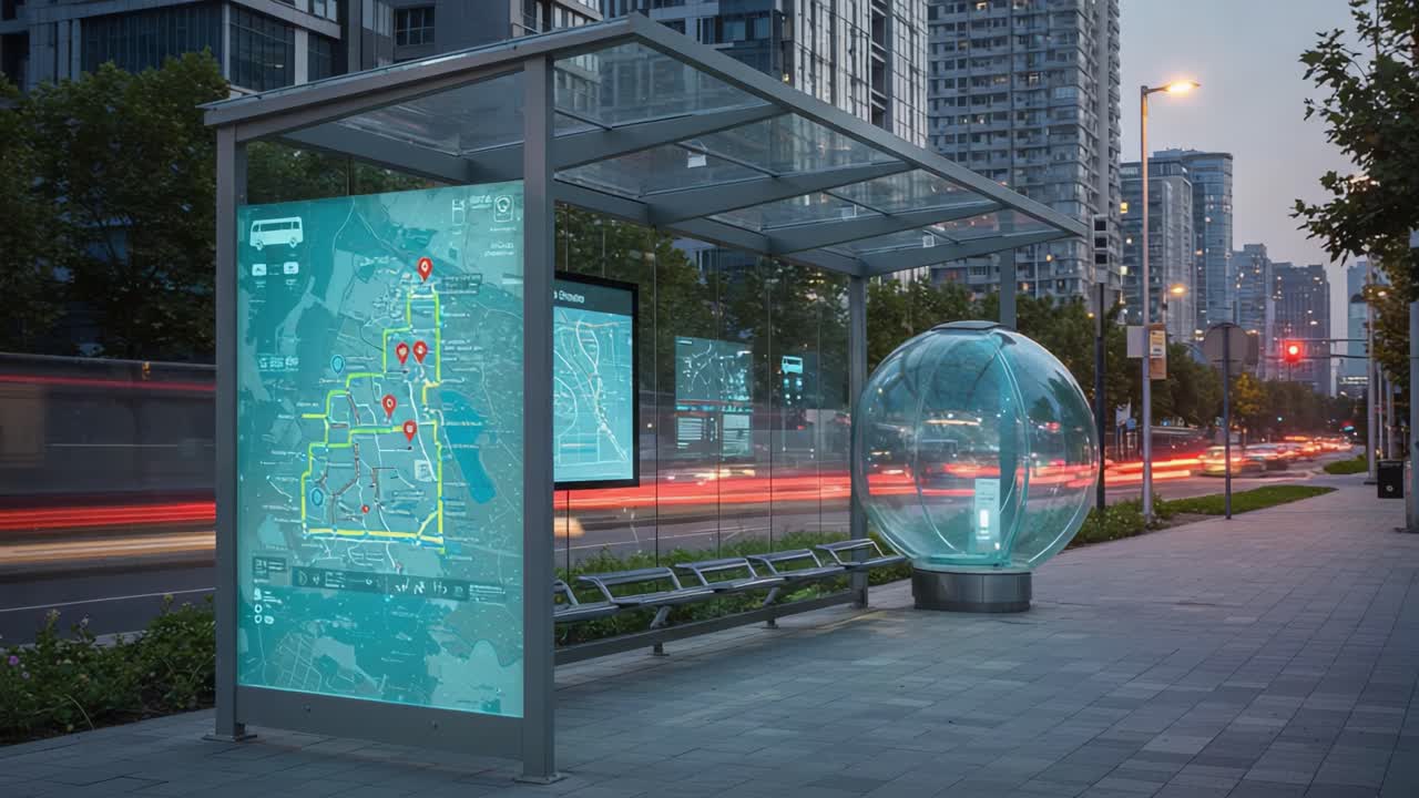 Illuminated Urban Transit Station with Interactive Digital Maps Displaying Route Information and a Futuristic Glass Sphere Structure at Night