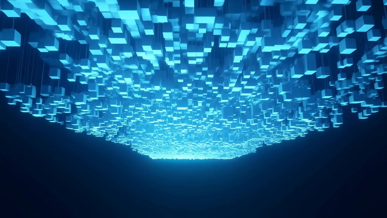 Dense glowing blue cubes fill the frame and converge toward a bright light near the center, creating a futuristic digital scene with depth, symmetry, and cool cyan illumination over a dark background