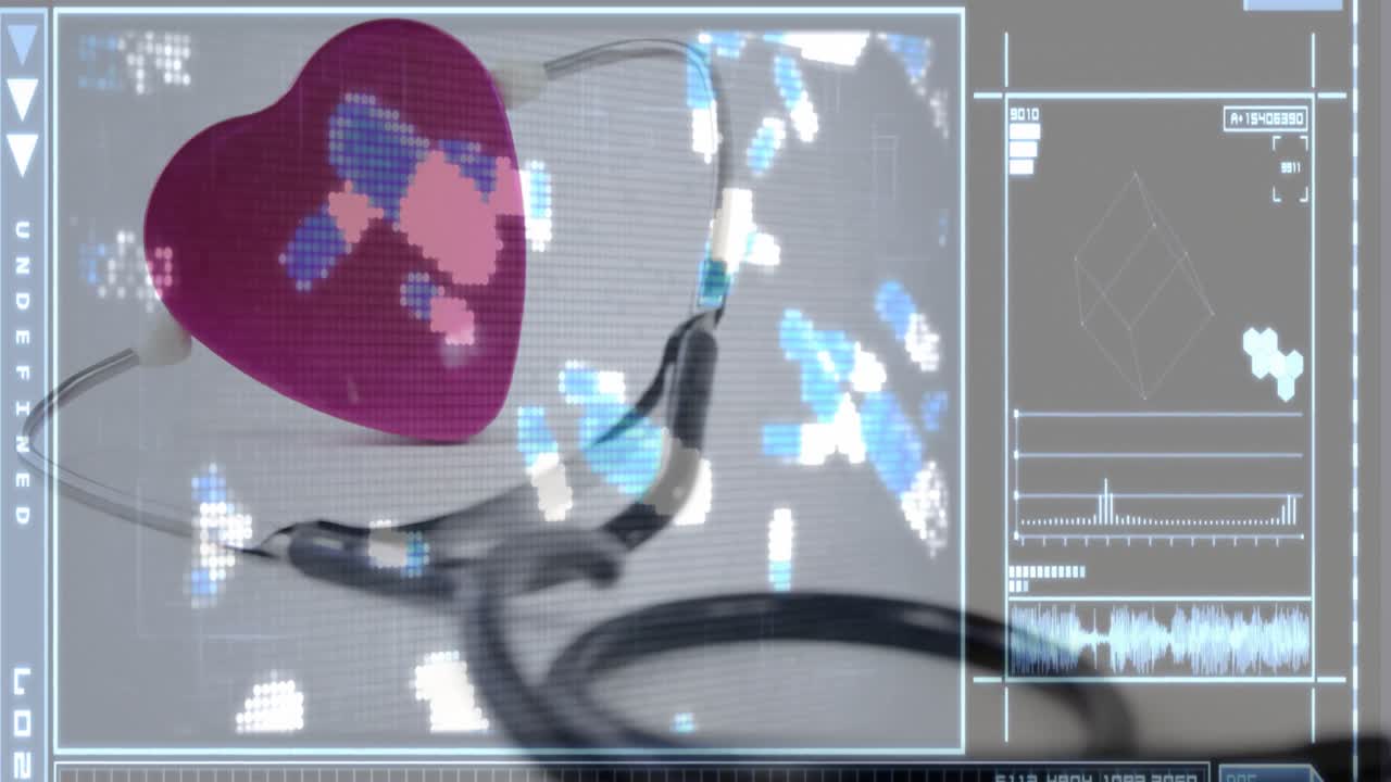 心臓と聴診器の上に、医療データを処理する画面が重なったアニメーション