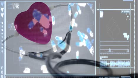 Animation-of-screens-with-medical-data-processing-over-heart-and-stethoscope