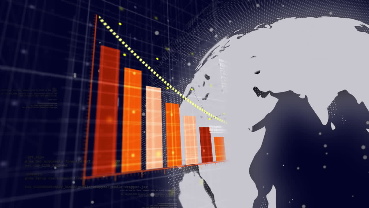 Animation of globe and financial data processing on black background