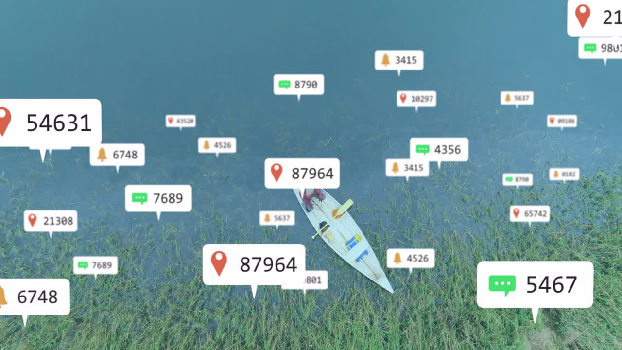 Man paddling canoe through marshland, showcasing floating chat icons and map pins in business tech