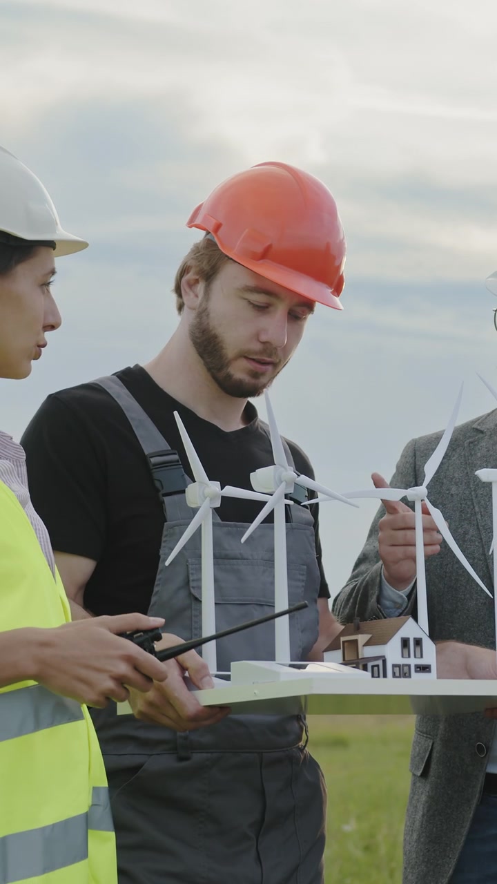 Engineers wearing hard hats and safety vests examine a model of wind turbines and houses discussing