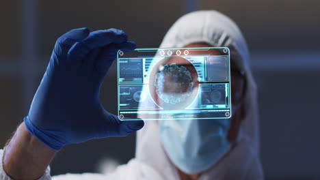 animation of male scientist holding interactive screen with medical data processing