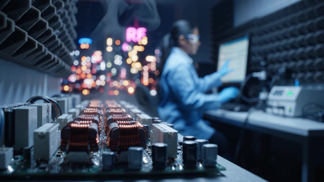 A technician works in a high-tech lab, focusing on electronic components while colorful city lights illuminate the background, creating a vibrant atmosphere.