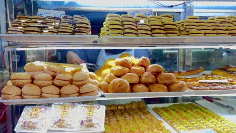 Local-market-pastry-shop-showcase-include-coconut-cookies-Turkish-baklava-and-sweet-pastry-in-the-glass-confectionary-in-Rasht-in-middle-east-Asia-in-Iran