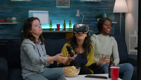 multiethnic friends experiencing virtual reality losing video game