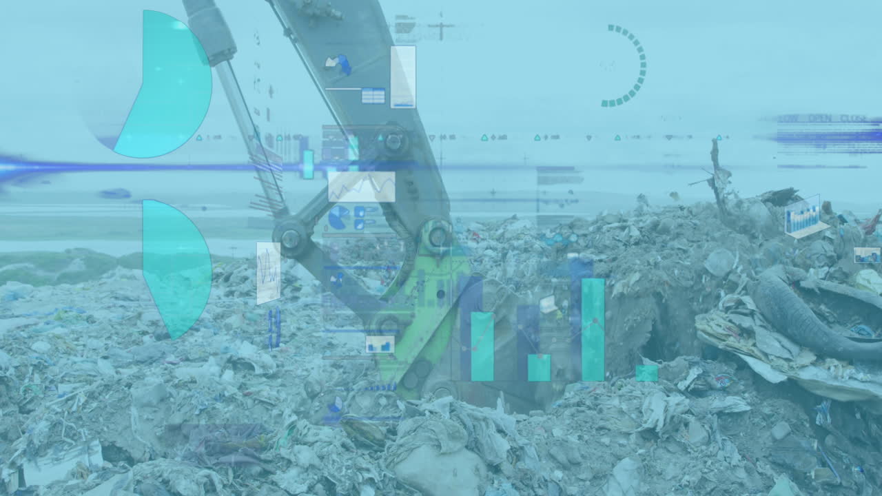 쓰레기 매립장에서 일하는 불도저에 대항하여 금융 데이터 처리의 디지털 복합 비디오