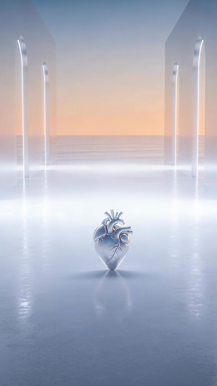 Video verticale: Cuore di metallo che ondeggia rispondendo a un impulso da colonne luminose ad arco sopra una piscina lucida