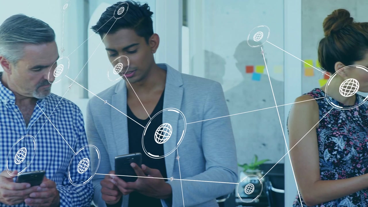 Floral-dress woman showing phone, team tapping, network graphics linking around phones for business