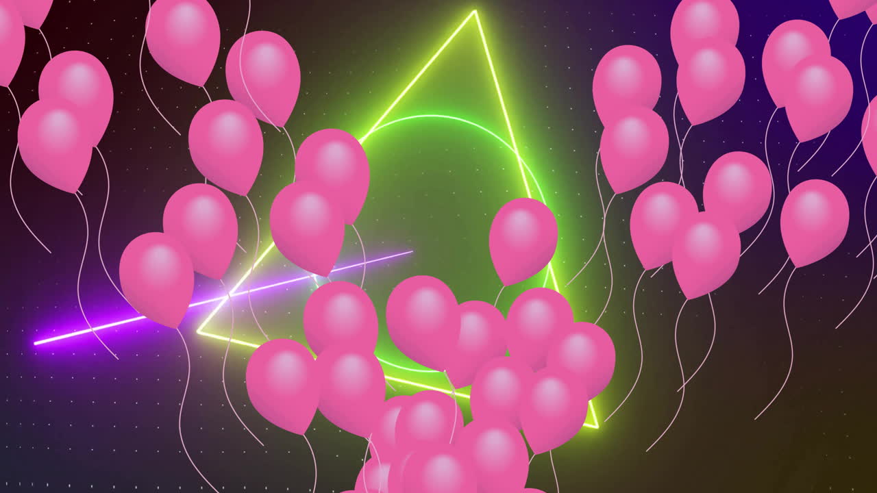 Animazione di palloncini rosa che fluttuano sopra uno scanner colorato su sfondo nero