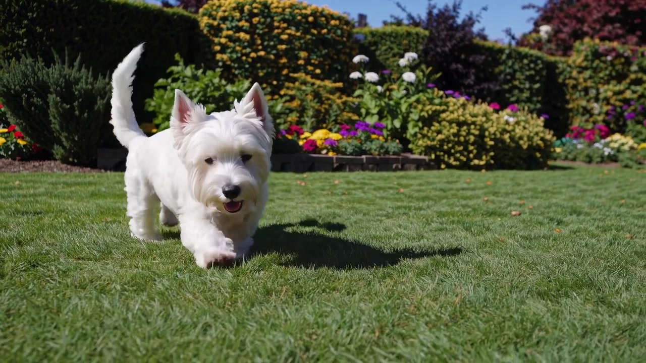 West Highland White Terrier che cammina sull'erba verde in un giardino soleggiato