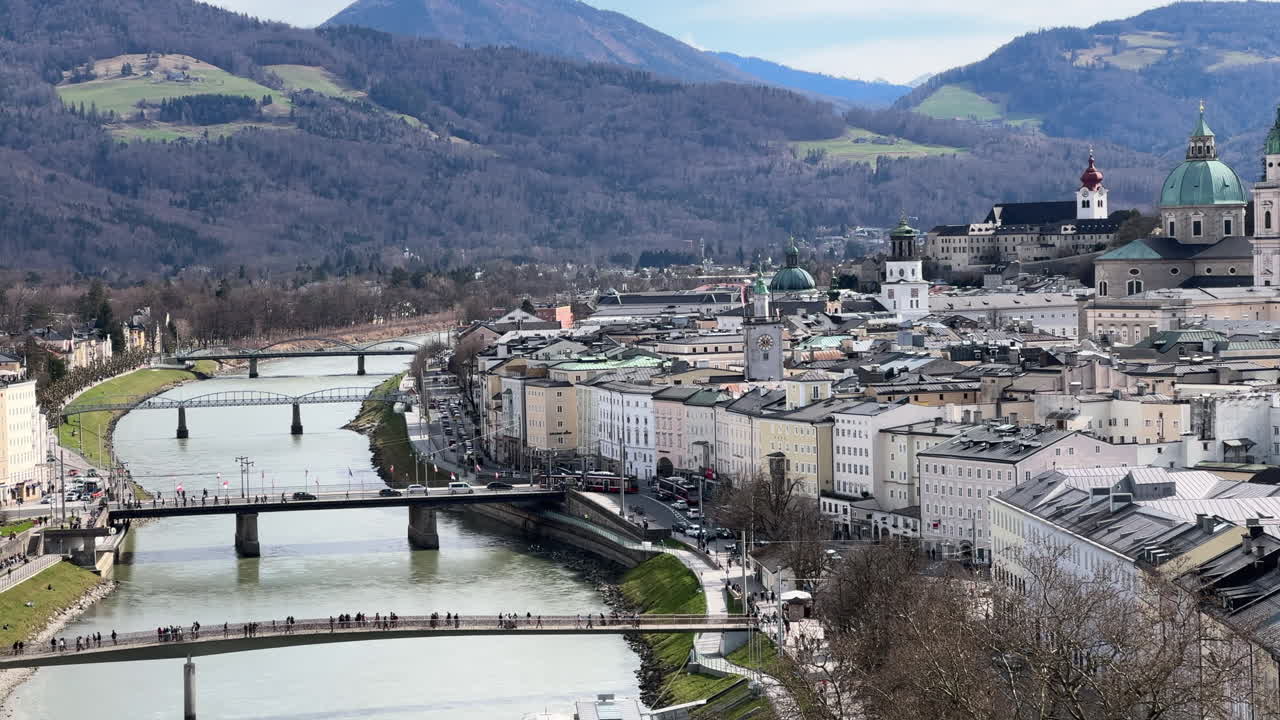 Bridges over Salzach river connecting new quarter to old town, Salzburg, Austria. Static