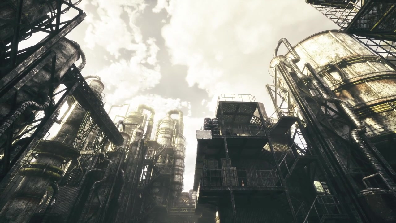 Vertical industrial buildings with dense piping and muted lighting