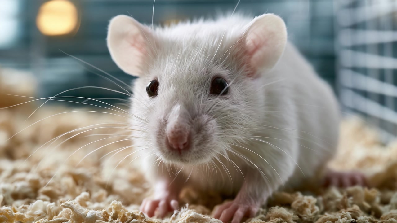 Primo piano accattivante di un topo bianco nel suo recinto: un'adorabile esplorazione della curiosità e della natura giocosa del piccolo roditore.