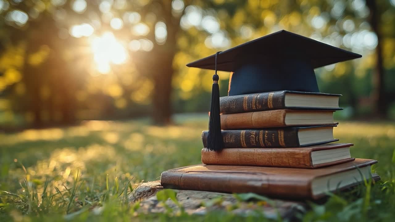 Graduation cap on books in a serene outdoor setting