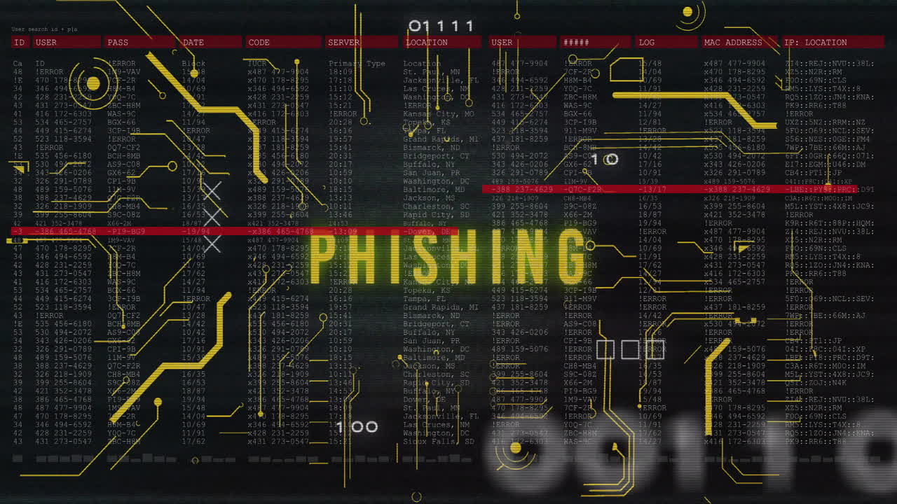 Animation of phishing text and digital data processing over black background