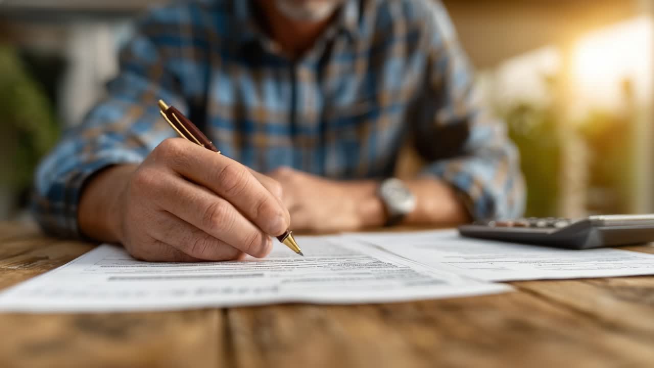 Una persona concentrata che completa documenti importanti con cura e precisione, usando una penna in un ambiente professionale dove vengono presi in considerazione anche dei calcoli.