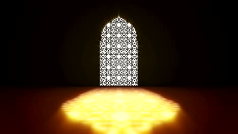 ventana o puerta de la mezquita interior islámica con un haz de luz de rayo entrando en el interior. ramadan kareem fondo de movimiento islámico. animación 3d.