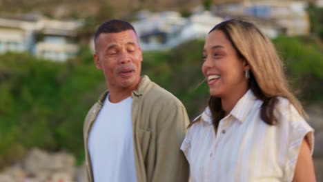 love, happy and couple walking at beach