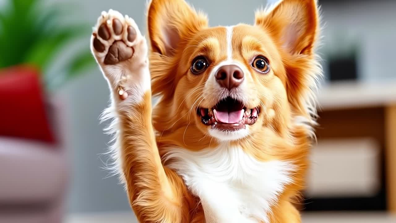 A brown and white dog raising its paw up in the air