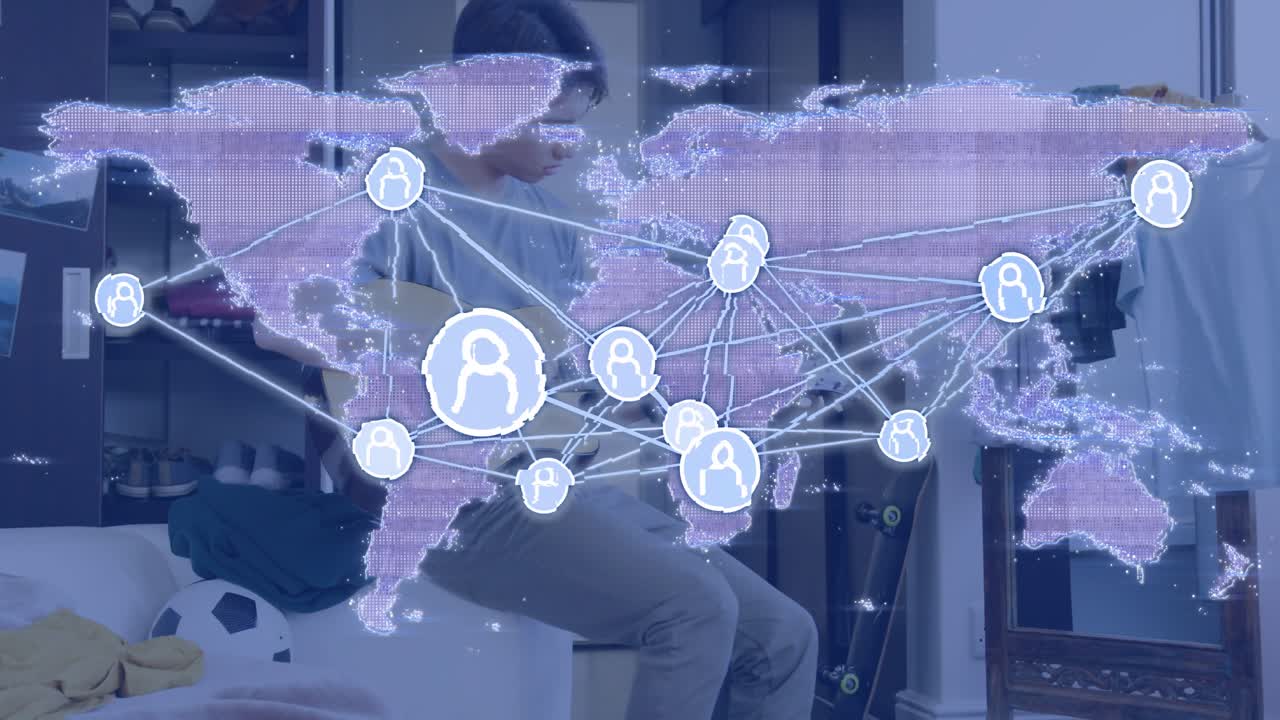 Teenage boy strumming guitar activating transparent overlay connecting nodes animating tech network