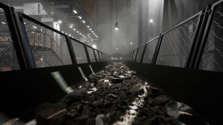 Transportation Of Copper Ore Carried Out In The Factory. Mining Industrial Conveyor At Ore Processing Factory