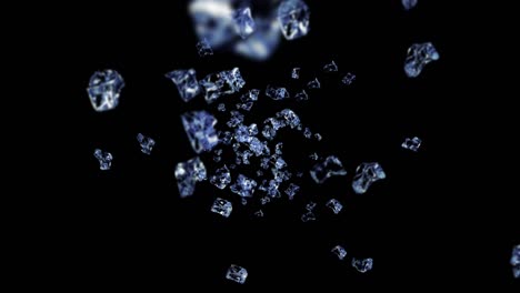 flying many clean ice cubes on black background. pieces of crushed ice, natural water. 3d animation of crushed ice rotating. loop animation.