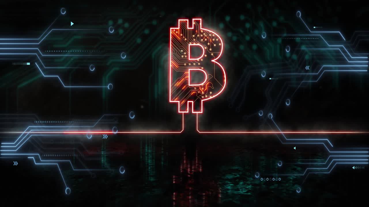 Animation of bitcoin and data processing over computer circuit board