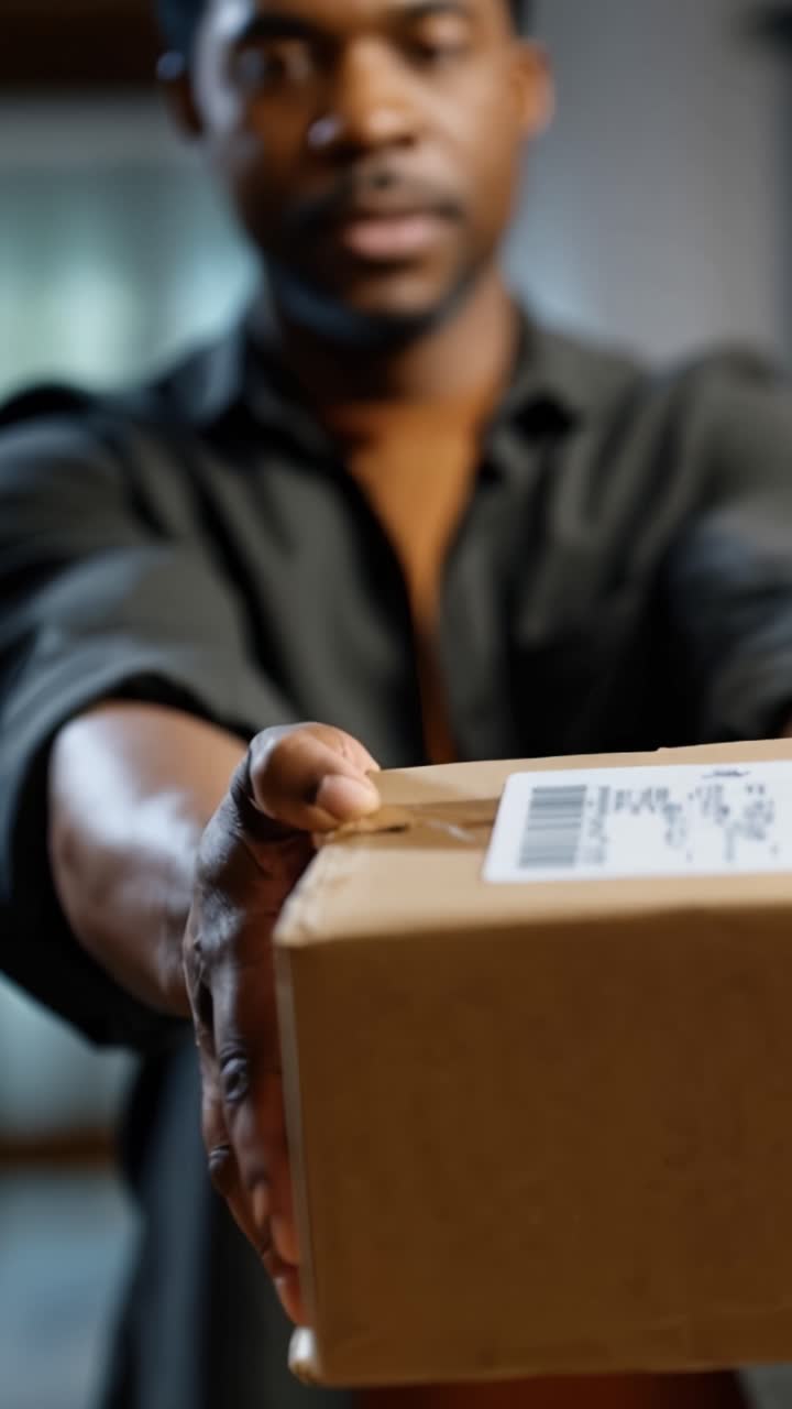 A person presenting a cardboard package with a shipping label, showcasing the act of sending or receiving a delivered item in a domestic setting