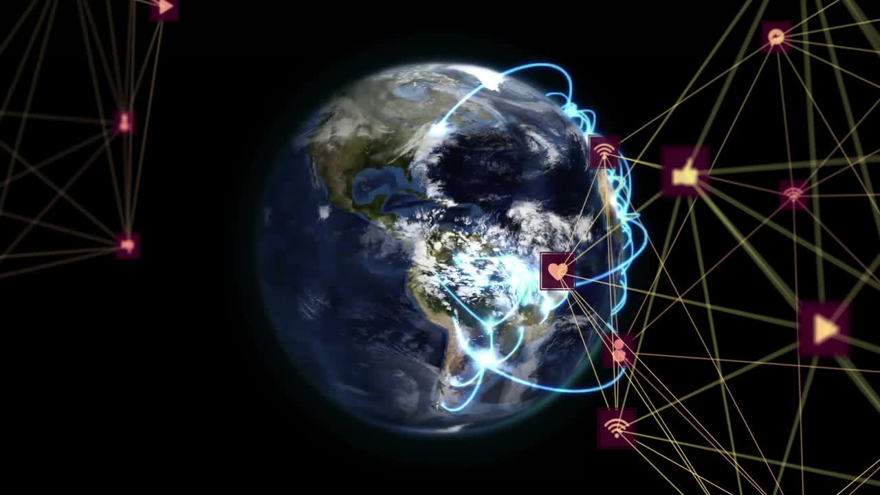 animación de la red de conexiones con iconos en todo el mundo