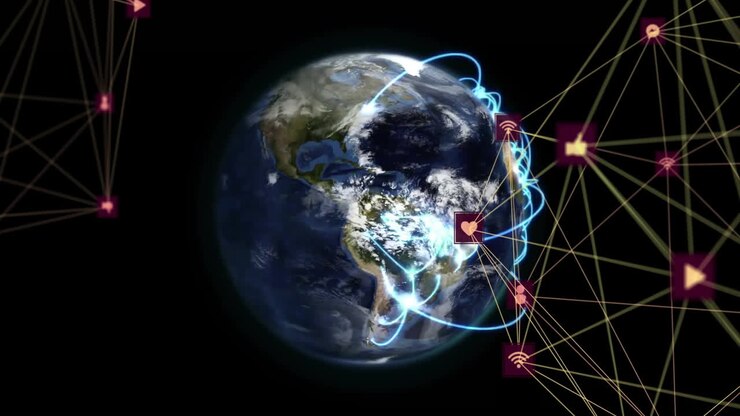 Animation of network of connections with icons over globe