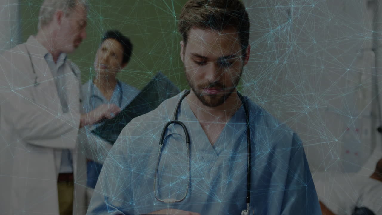 Medical team working in hospital, nurse checking device, network graphic overlay with chart data