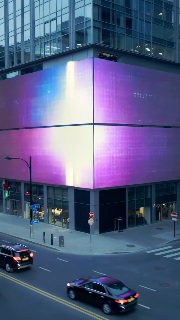 Vertical video: Starting corner LED facade shifting light stripe at intersection, drawing attention