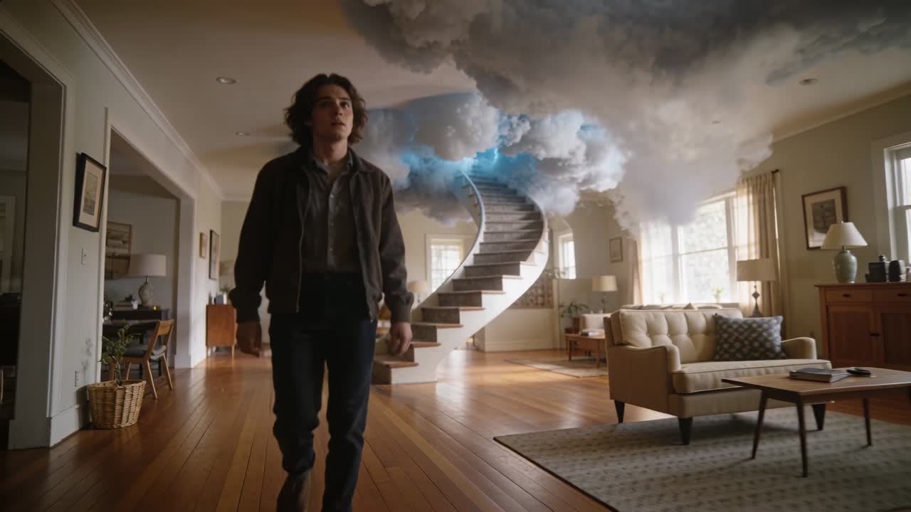 Homme en veste sombre marchant dans un salon, apercevant un escalier en colimaçon, explorant un nuage bleu.