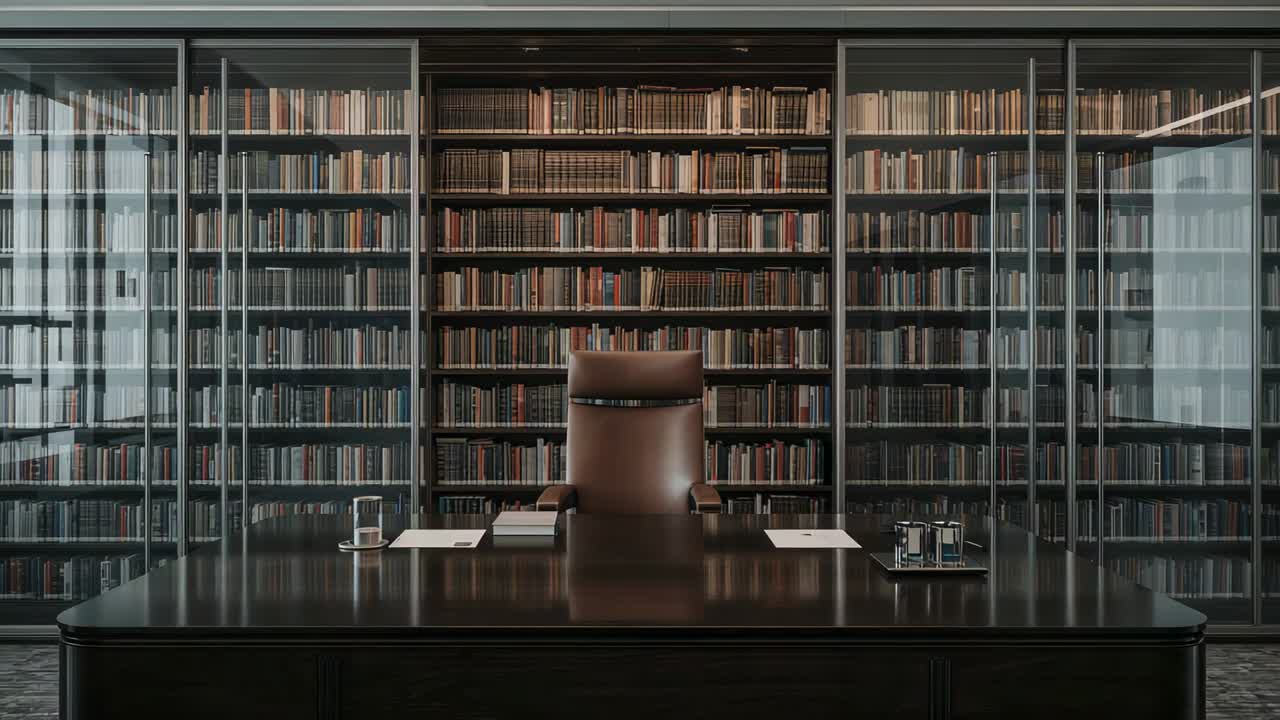 Pushing camera forward, centering tall leather chair and desk at office, showing papers and glass