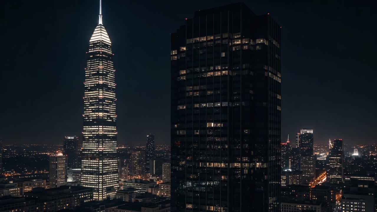 A Stunning Nightscape Featuring a Majestic Skyscraper Illuminated Against a Dark City Skyline, Showcasing Urban Architecture and Vibrant City Lights