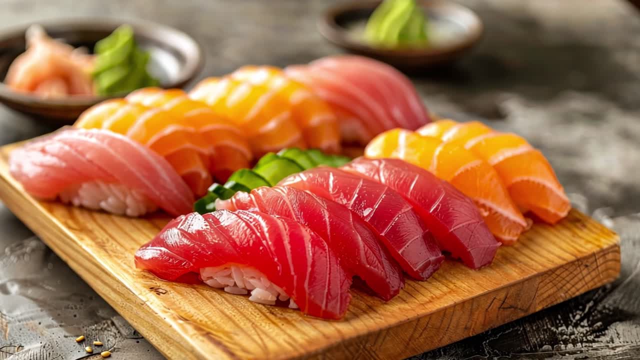 Assortment of Fresh Tuna and Salmon Nigiri Sushi on a Wooden Board