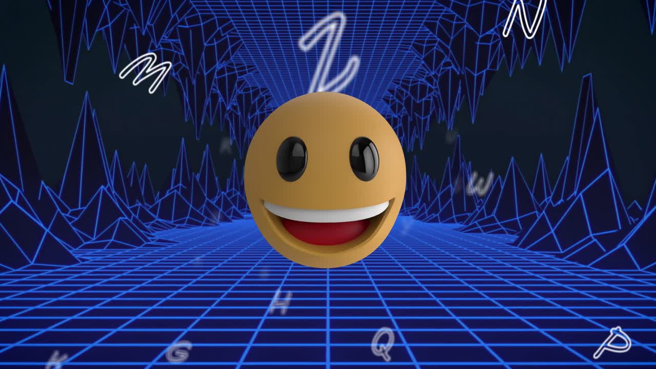 문자와 메타버스 배경 위에 떠다니는 이모지 아이콘의 애니메이션