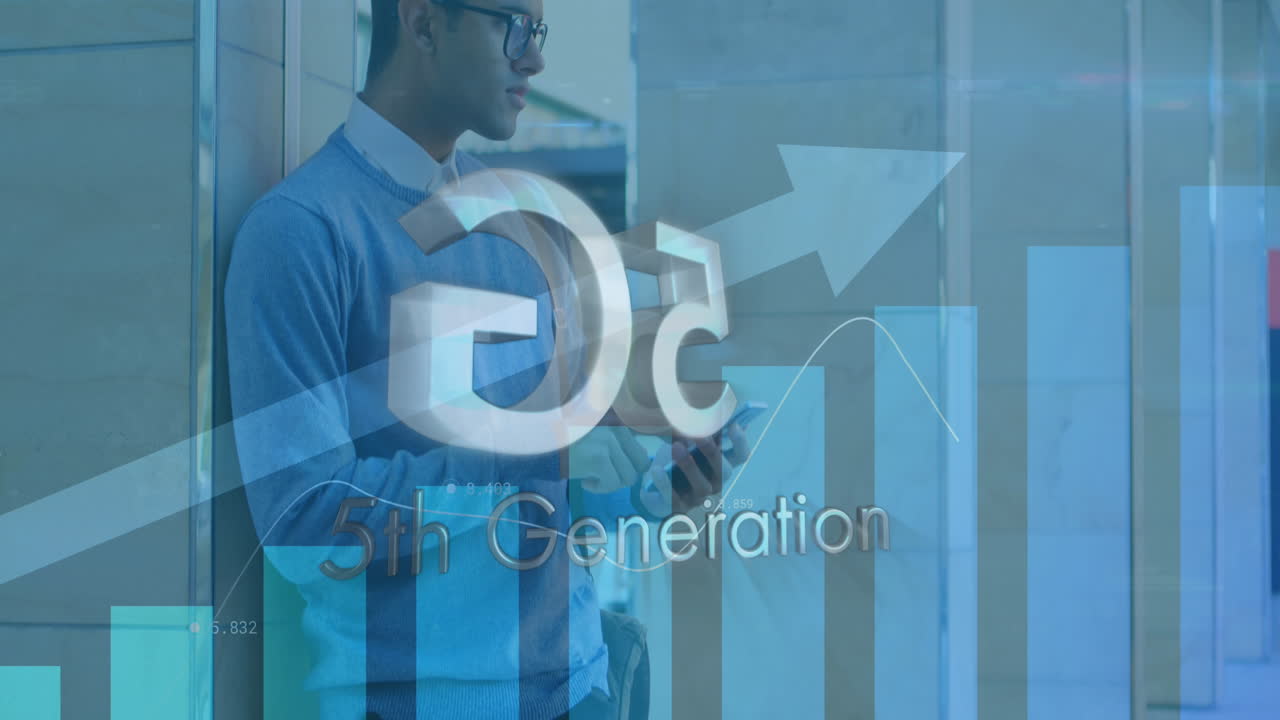 Animation of 5g 5th generation text over arrow pointing up, statistics over man using tablet