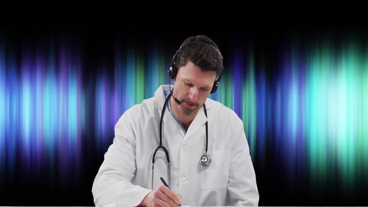 Animação de médico caucasiano sobre rastros de luz em fundo preto