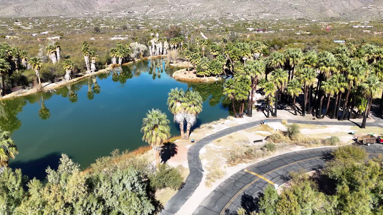 Drone view of an oasis in the desert.