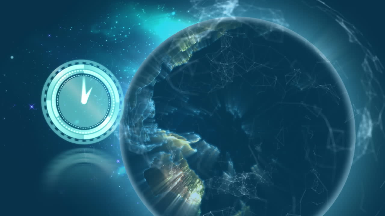 Animation von Uhr mit Verbindungsnetzwerken über Globus